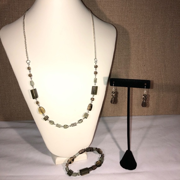 Greens and Brown Glass Necklace and Earring Set - Picture 2 of 8